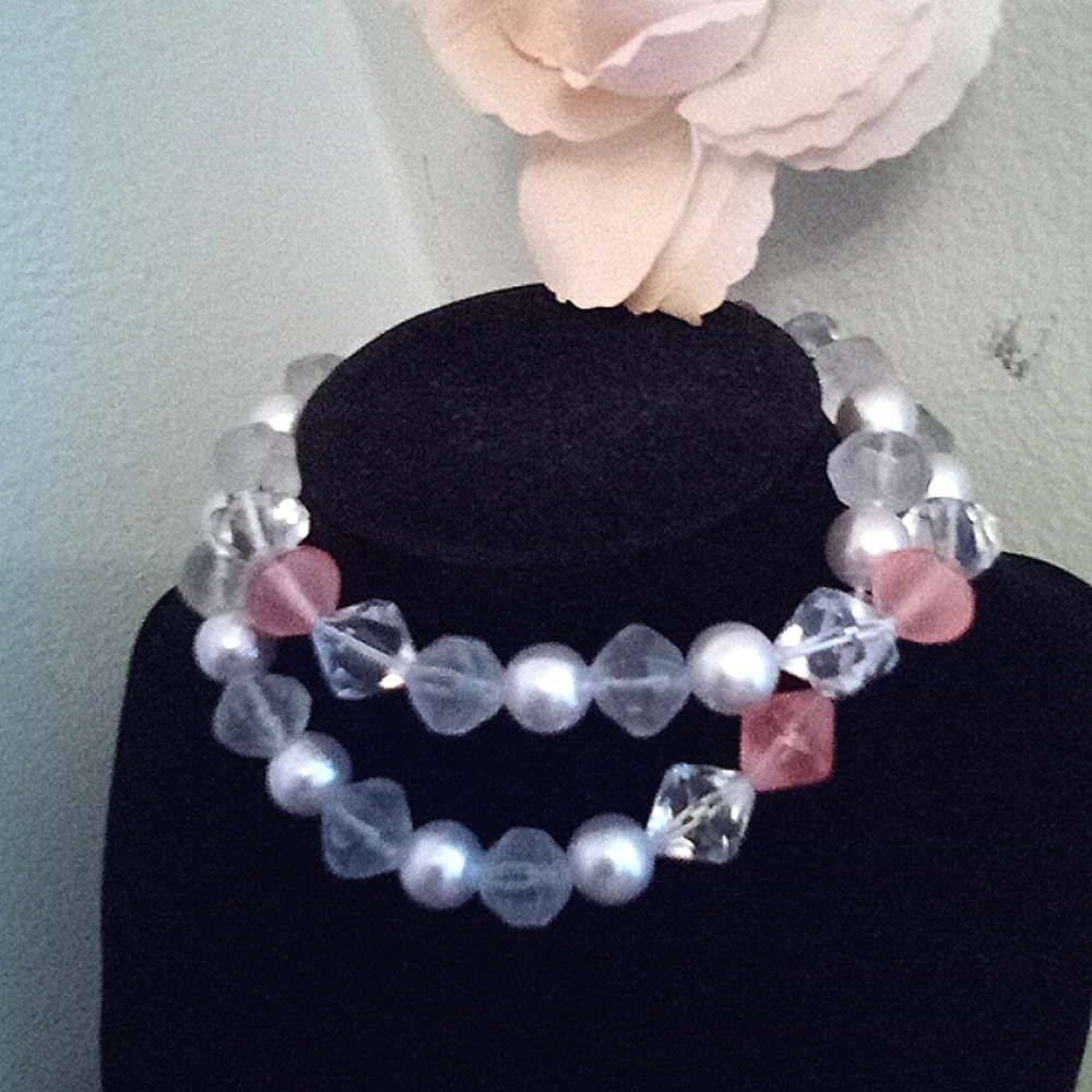 Vintage Chunky Pink And Silver Jewel Cut  Bead Necklace
